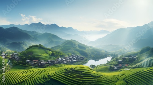 Vast agricultural fields nestled in the scenic mountain range at dusk, bathed in warm golden light