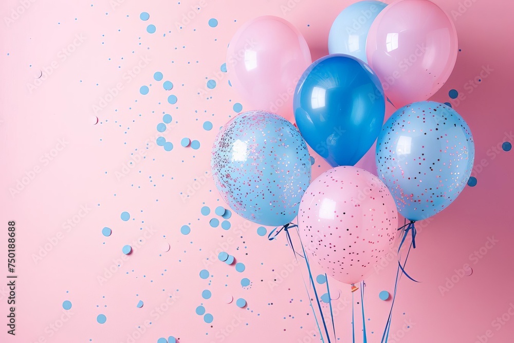 Festive gender reveal party invitation featuring balloons and glitter in pink and blue Symbolizing the exciting anticipation of discovering the baby's gender Festive gender reveal party invitation featuring balloons and glitter in pink and blue Symbolizing the exciting anticipation of discovering the baby's gender
