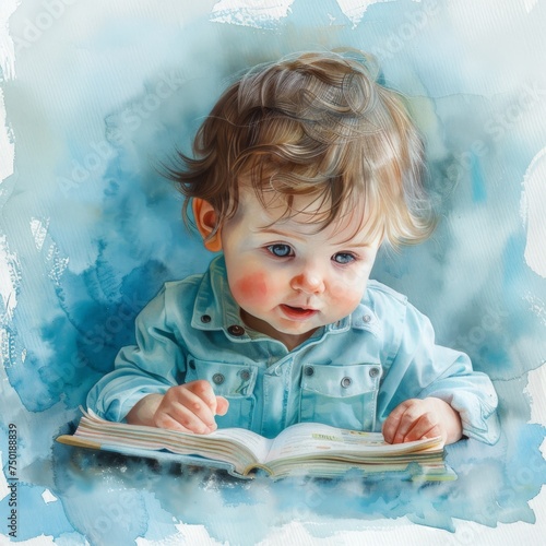 A serene image of a baby boy holding a soft cloth book