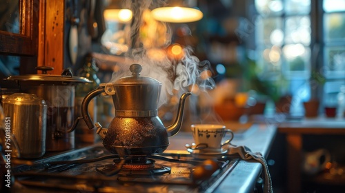 A nostalgic image of a vintage coffee pot brewing coffee over an open flame
