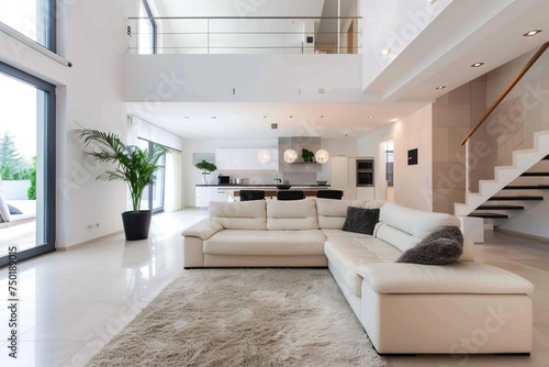 Minimalist home interior with sleek lines and a neutral color scheme. open-concept living area connected to a modern kitchen