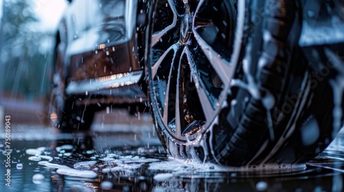 Close-up of a luxury car's wheel detailing in the rain, focusing on the rim and tire with reflective water droplets. © Victoriia