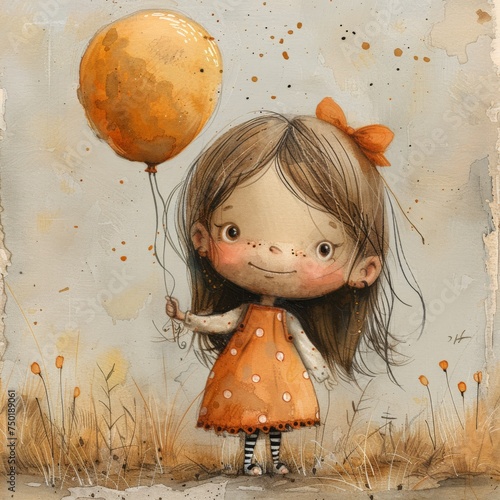 watercolor painting of a girl in a polka-dot dress, holding a balloon