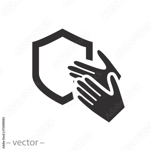 shield and gauntlets icon, hand skin protection, dermatologically tested, flat symbol on white background - vector illustration