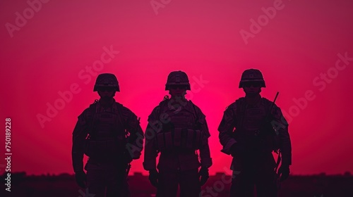  a group of soldiers standing next to each other in front of a bright red sky with a red sky in the background and a red sky in the middle of the foreground.