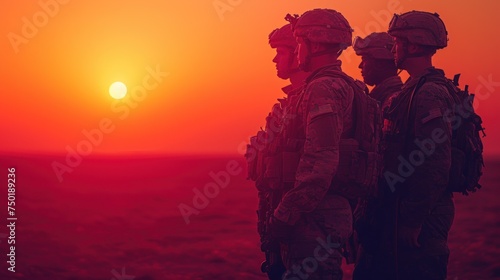  a couple of men standing next to each other in front of a bright orange and red sky with the sun setting in the middle of the middle of the horizon.
