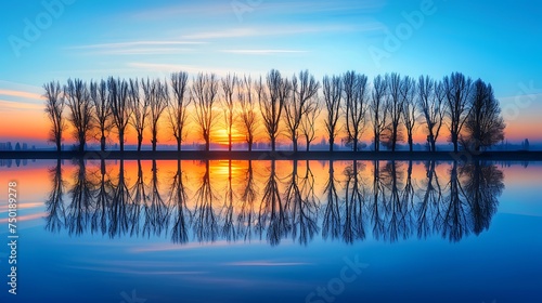 The reflection of trees in a still lake at dawn, creating a perfect symmetry and sense of peace