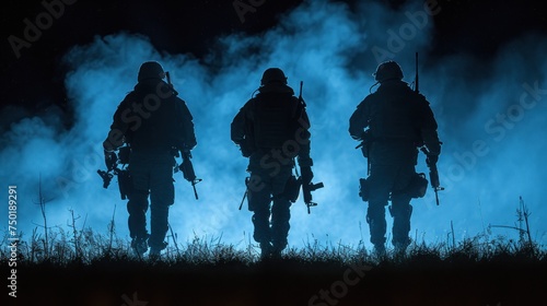  a group of soldiers standing next to each other on top of a grass covered field in front of a blue sky with clouds of smoke coming from the back of them.