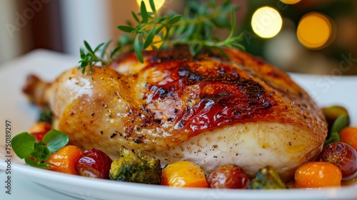A mouthwatering image of a golden-brown roasted chicken