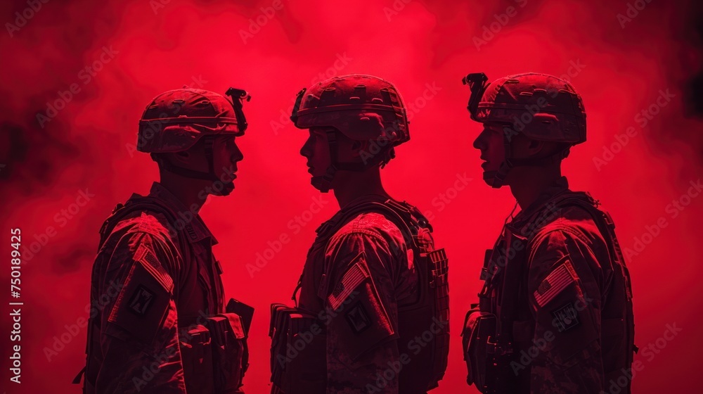 a group of soldiers standing next to each other in front of a red smoke filled background with the silhouettes of two soldiers facing each other in the same direction. a group of soldiers standing next to each other in front of a red smoke filled background with the silhouettes of two soldiers facing each other in the same direction.