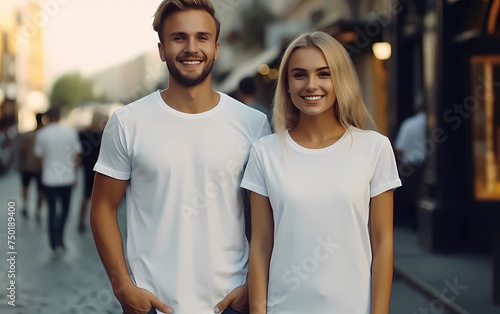Mockup beautiful smiling models male and female in white t-shirt blank on the city street background. White t-shirts mockup