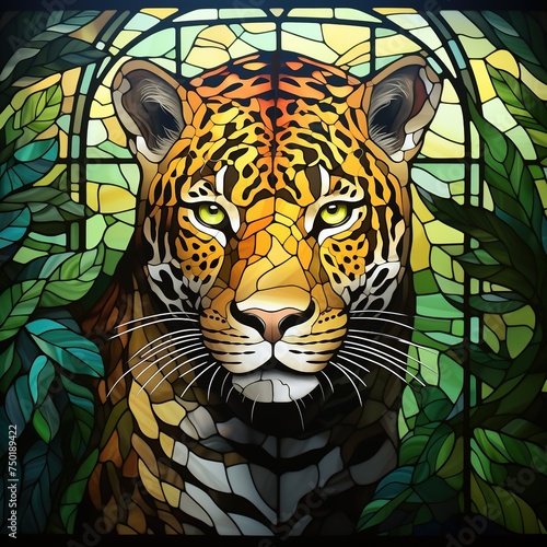 Illustration in stained glass style with abstract leopard head on a dark background  Ai Generated