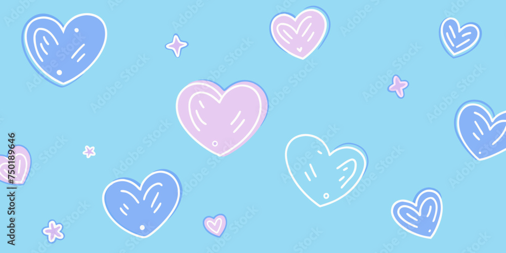 Pastel Blue Colors Background with Doodle Hearts
