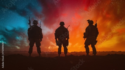  a group of soldiers standing on top of a hill under a night sky filled with stars and the colors of the sky are red  orange  blue  green  yellow  and purple  and pink.
