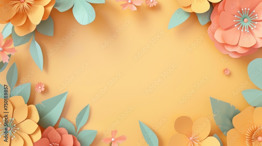Beautiful spring flowers on orange background with copy space. Papercut style.