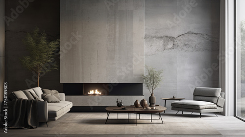 A modern living room featuring textural wall finishes in subtle shades of grey