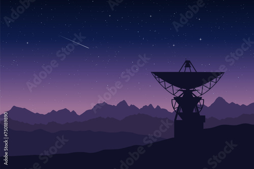 Vector illustration of a radio telescope in a remote mountain location at night. Silhouette of a large antenna of observatory space research station against starry sky