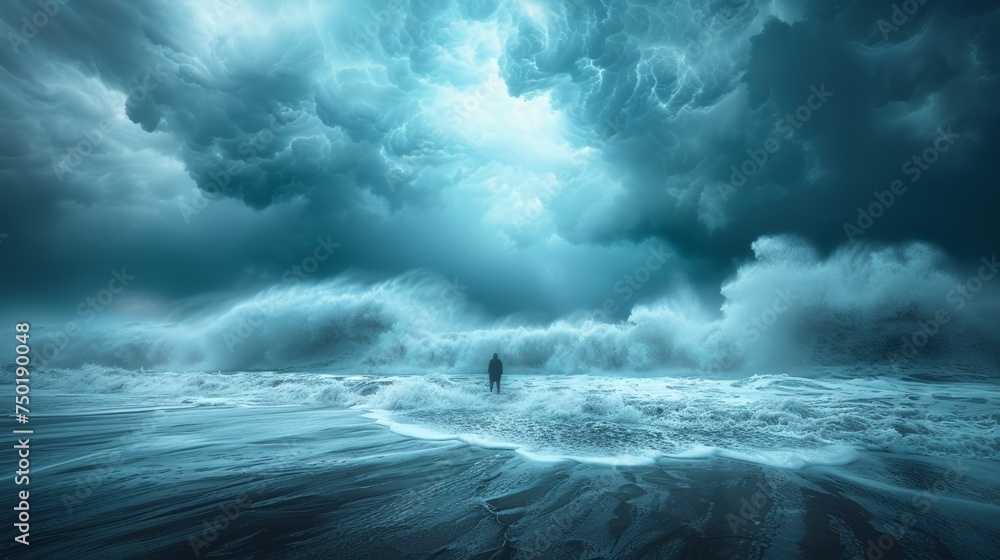 Fototapeta premium Person Facing Dramatic Storm Clouds Over Ocean.