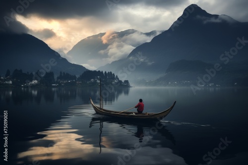 Tranquil fisherman skillfully navigating misty lake at dawn, capturing serene atmosphere