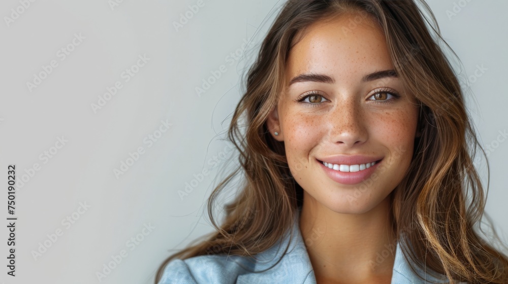 a young businesswoman with an open, welcoming gesture, wearing a light blue suit and a bright smile a young businesswoman with an open, welcoming gesture, wearing a light blue suit and a bright smile