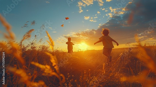 Children Running with Kite at Sunset in Field.