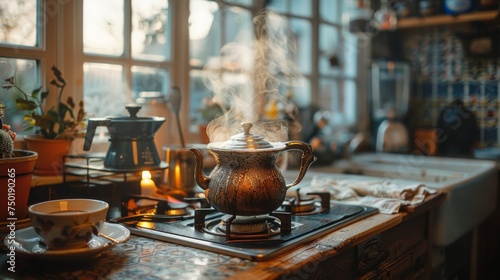 A nostalgic image of a vintage coffee pot brewing coffee over an open flame