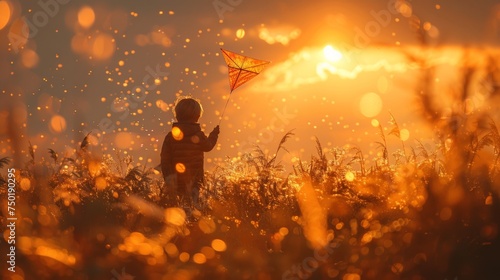 a child standing alone in a meadow at sunset, holding a kite shaped like a bird