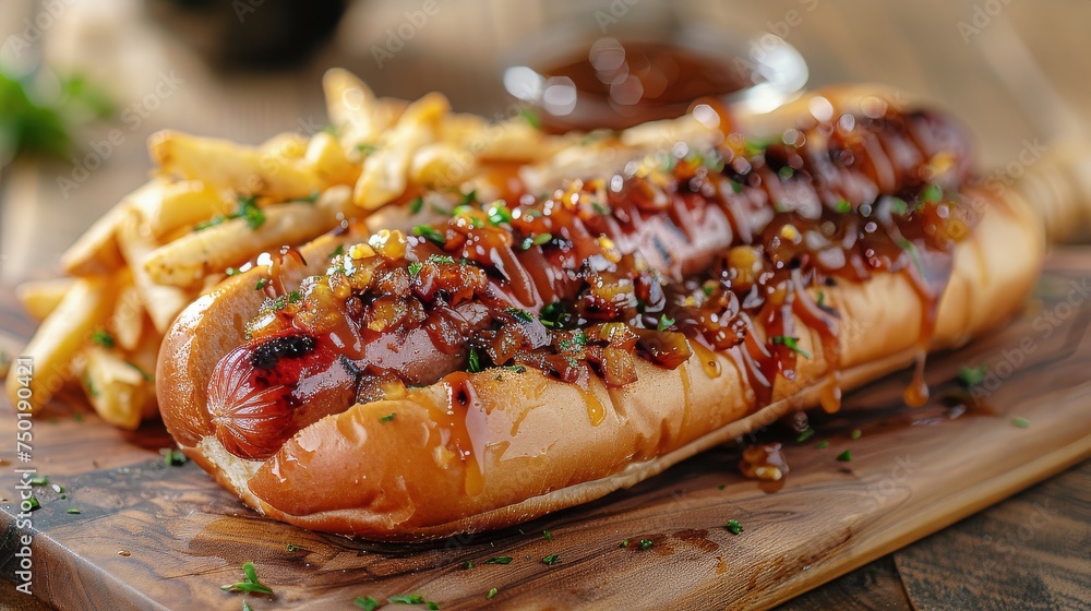 gourmet hot dog, with a juicy sausage topped with caramelized onions gourmet hot dog, with a juicy sausage topped with caramelized onions