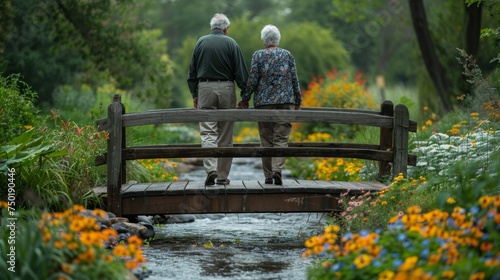 An elderly couple walking hand in hand across a wooden bridge over a small st...