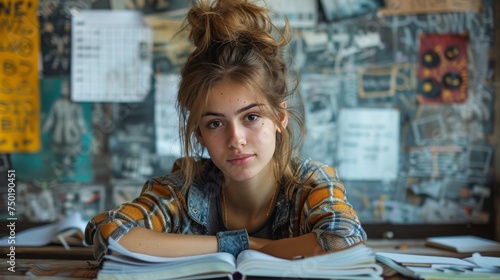 A motivational photograph of a student studying at a desk, surrounded by text...