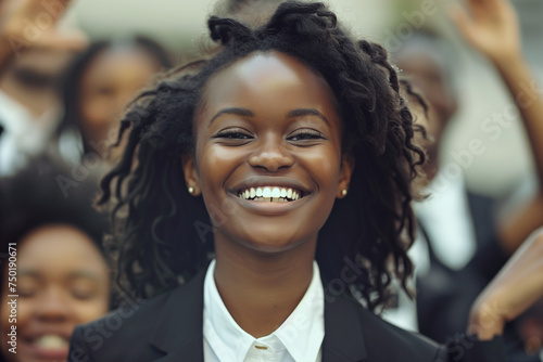 Portrait of young smiling african american businesswoman standing confidently in front of the team cheering. Leadership concept canon. High quality photo photo
