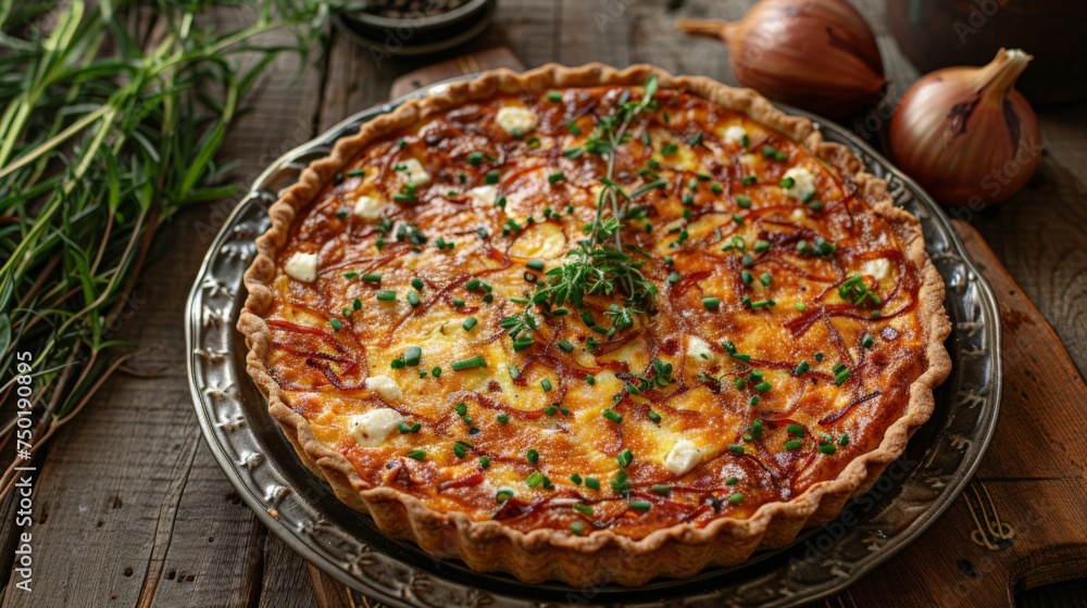 a whole quiche with a crumbly, buttery crust and a savory filling of caramelized onions and goat cheese