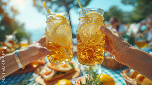 a picnic table, with friends clinking mason jar glasses filled with lemonade ...