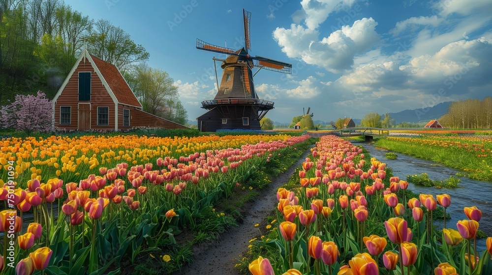 sprawling field of tulips, with a wooden windmill in the distance