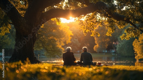 an elderly couple sitting on the grass under the shade of a large tree