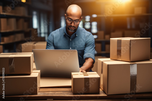 A focused entrepreneur manages logistics on a laptop in a warehouse surrounded by parcels ready for shipment.