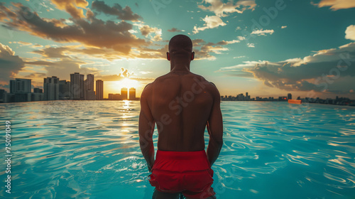 a lifeguard in red shorts, taking a momentary pause to gaze at the city skyline