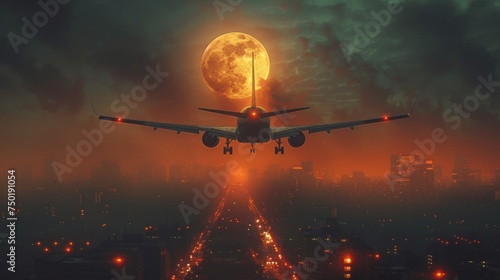  a large jetliner flying through a foggy sky over a city filled with tall buildings and a full moon in the night sky over a cityscapep.