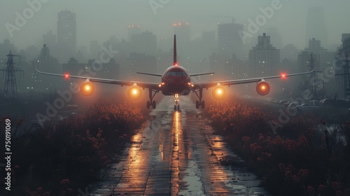  a large jetliner flying through a foggy sky next to a runway with lights on each side of the runway and a city in the distance in the distance.