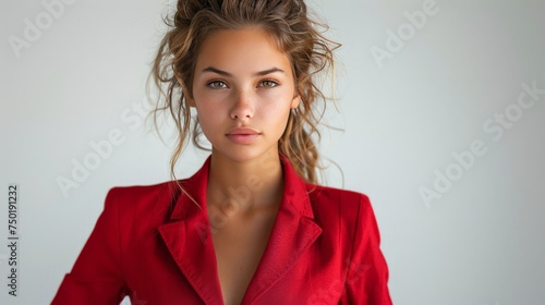 A powerful image of a young businesswoman with her hands on her hips, wearing...