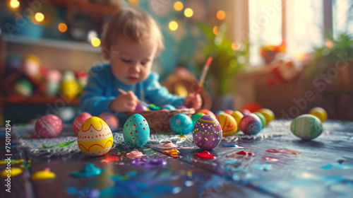 A nostalgic image of children painting Easter eggs