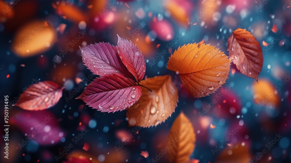 a group of red and yellow leaves floating in the air with drops of water on them and a blurry background of red and yellow leaves in the foreground. a group of red and yellow leaves floating in the air with drops of water on them and a blurry background of red and yellow leaves in the foreground.