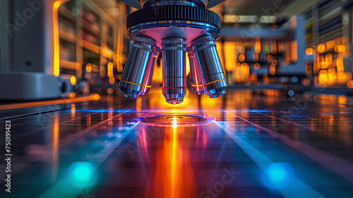 An artistic image of a microscope with a colorful sample illuminated under th...