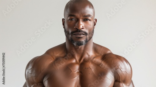  muscular bald man, shirtless, showcasing his toned physique