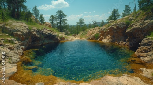  a body of water surrounded by large rocks and a grassy area with a few trees on the other side of the water and a few rocks on the other side of the water.