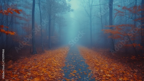  a road in the middle of a forest with lots of leaves on the ground and trees with orange leaves on the ground in the middle of the road and fog.