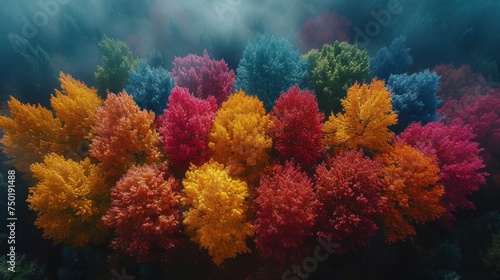  an aerial view of a group of trees in a forest filled with red, yellow, blue and green leaves in the foreground, with a dark sky in the background.