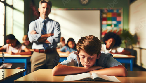 Child sleeping in the classroom at school ,Students who often fall asleep in class could be going to bed too late, bored in class, or experiencing the side effects of medication photo