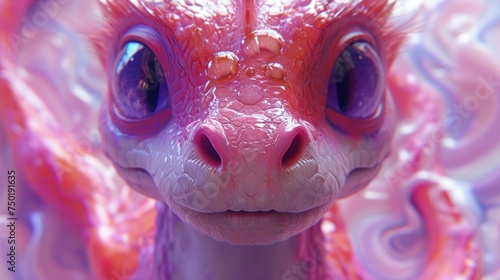  a close up of a pink and purple animal s face with a lot of water on it s face and a lot of bubbles on it s face.