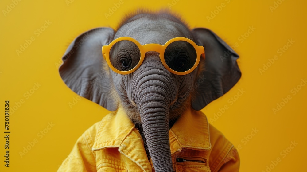 a close up of an elephant wearing yellow sunglasses and a yellow shirt with an elephant's head in the middle of the frame, and a yellow background with a yellow background. a close up of an elephant wearing yellow sunglasses and a yellow shirt with an elephant's head in the middle of the frame, and a yellow background with a yellow background.